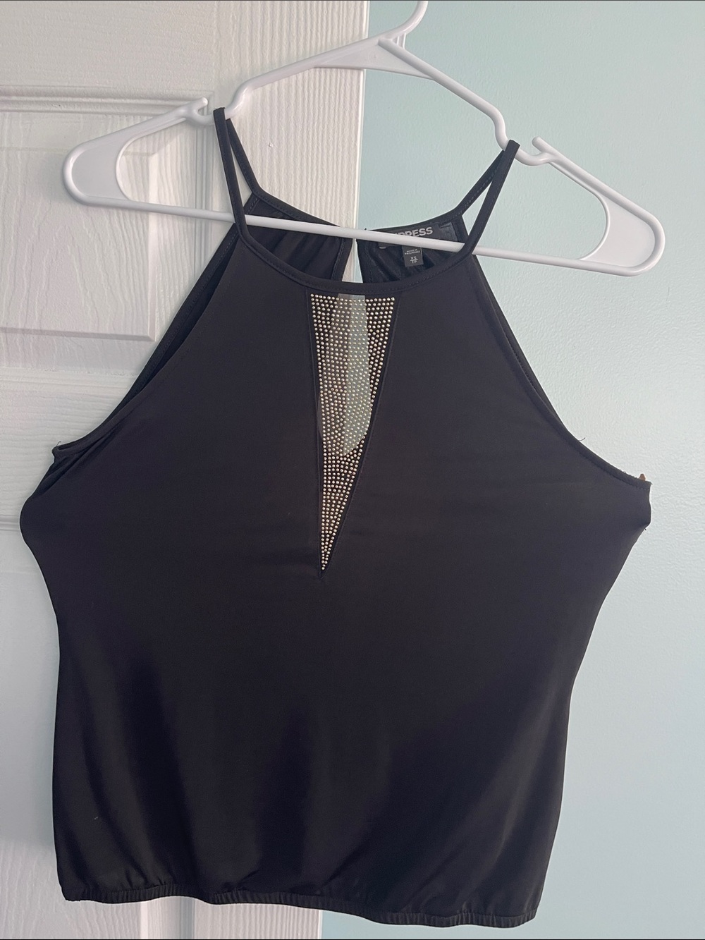 Express Black Halter Tank with Rhinestone V Inset